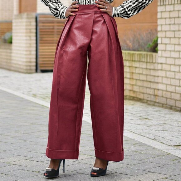 Burgundy Elegant Women's Faux Leather Baggy Pants With Pocket - Picture 2 of 4